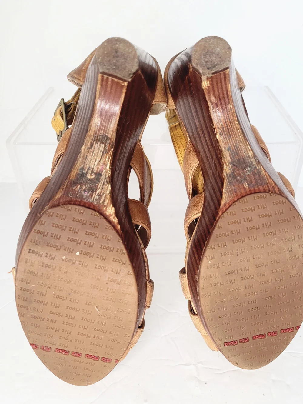 Miz Mooz Petra Yellow and Brown Leather & Wood Wedge Sandals